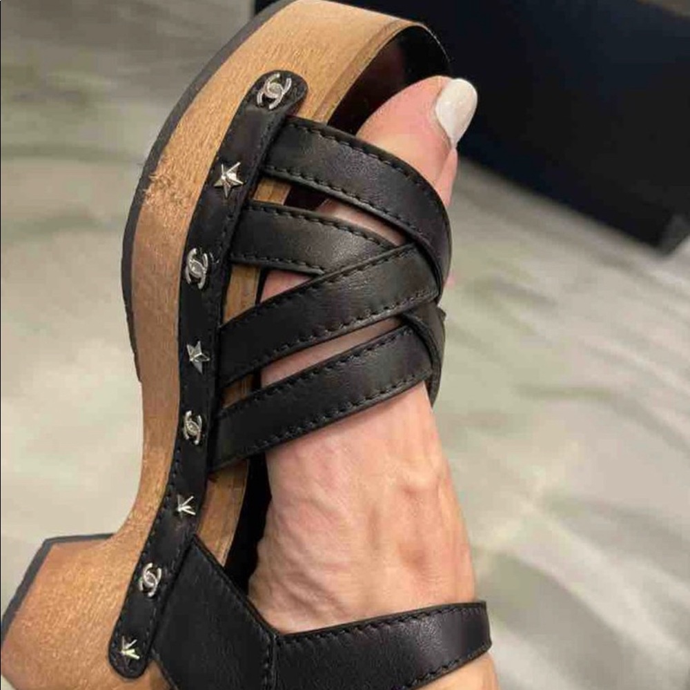 Brand New Authentic CoCo Chanel Leather Straps Wooden Heels with Box